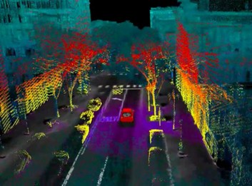 lidar mapping of a city street with buildings trees cars and color coded distance/height