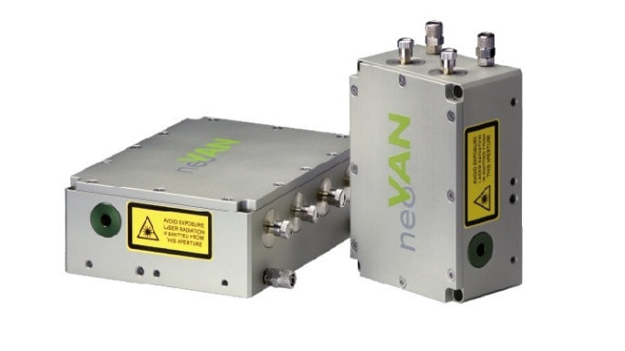 sleek, modern, compact pulsed laser amplifiers, grey body with green logo