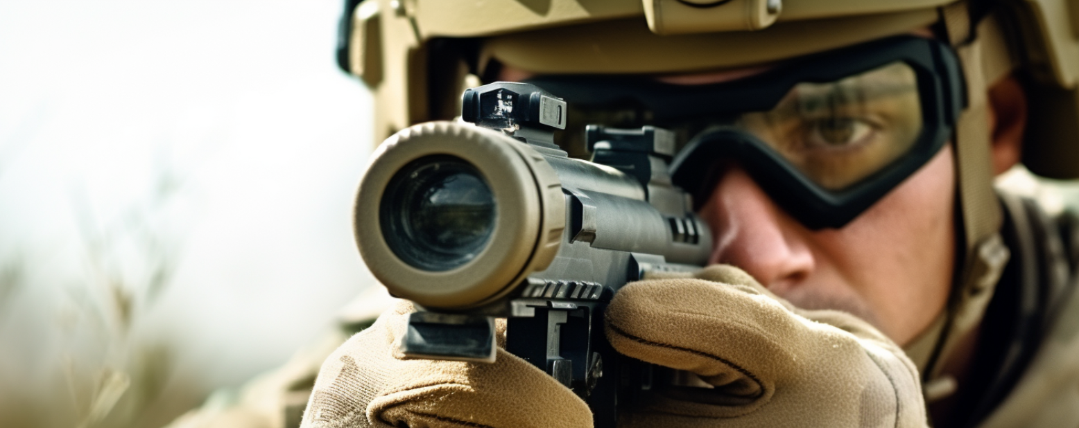 image of a soldier holding a compact and durable laser range finder on the battlefield
