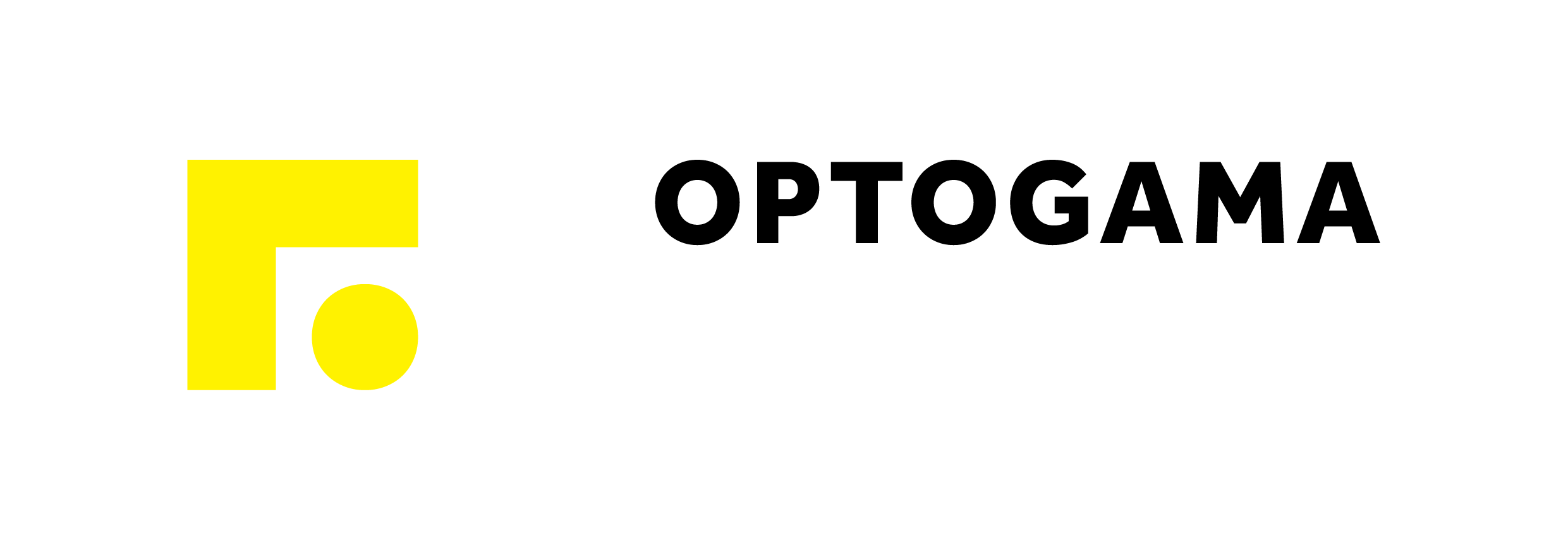 optogama logo black text with yellow right angle 'L' and circle symbol