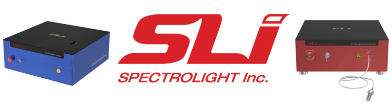 sleek modern laser housings one red one blue and the SLi red logo with SPECTROLIGHT Inc