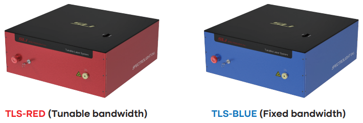 Two modern, sleek, tunable laser systems, simple, short cube-like boxes, one red and black, one blue and black, perfect for spectral imaging applications