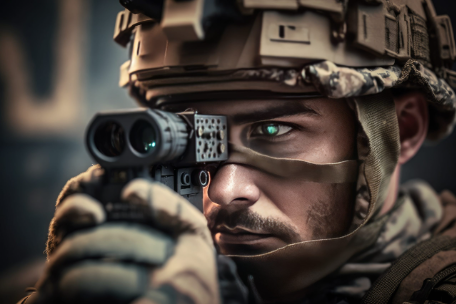 AI generated image illustrating military personnel utilizing a low SWaP laser range finder / target designator