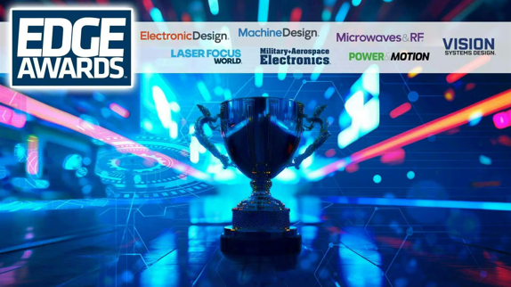 2024 LFW optical and photonics EDGE award graphic featuring a trophy and laser beams
