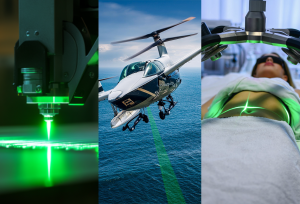 3 green laser applications, material processing, aerial bathymetry, and medical targeting