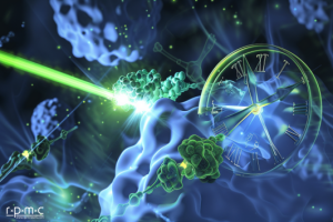 microscopic artists impression of molecules lighting up with laser beams blues and greens