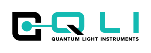 quantum light instruments logo with black text and black target box with light blue energy within