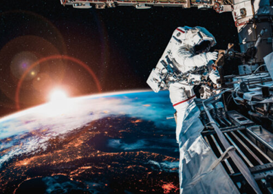 astronaut on a space walk working on the exterior of a space station in orbit around the Earth