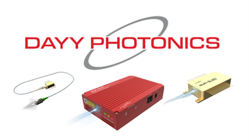 DAYY photonics logo with the fiber-coupled version of a single SLED, free-space multi-SLED, and free-space turnkey multi-SLED