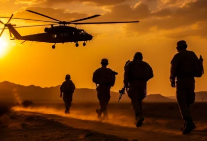 battlefield with setting sun, four soldiers marching and a helicopter hovering in the center - defense & military laser applications