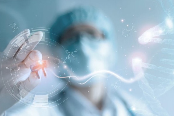 high tech image of a doctor or researcher working a holographic display, illustrating the future of research and biophotonics applications