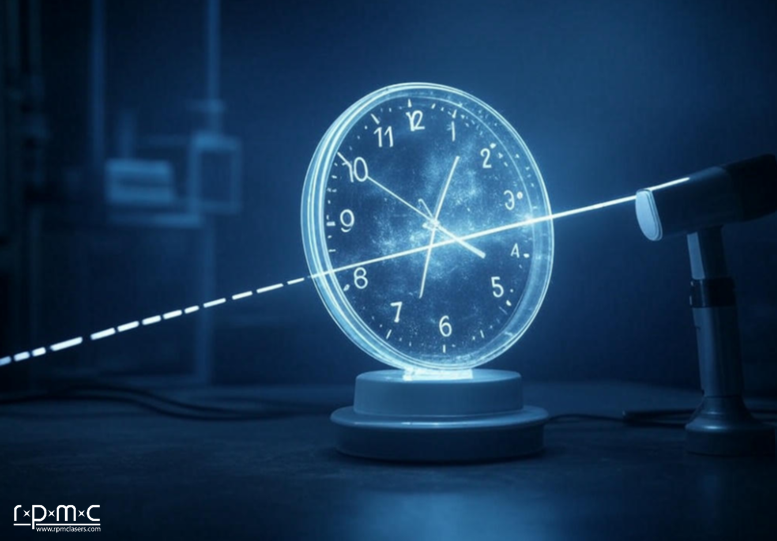 artists illustration of pulse timing jitter, showing a laser pulsing through a clock